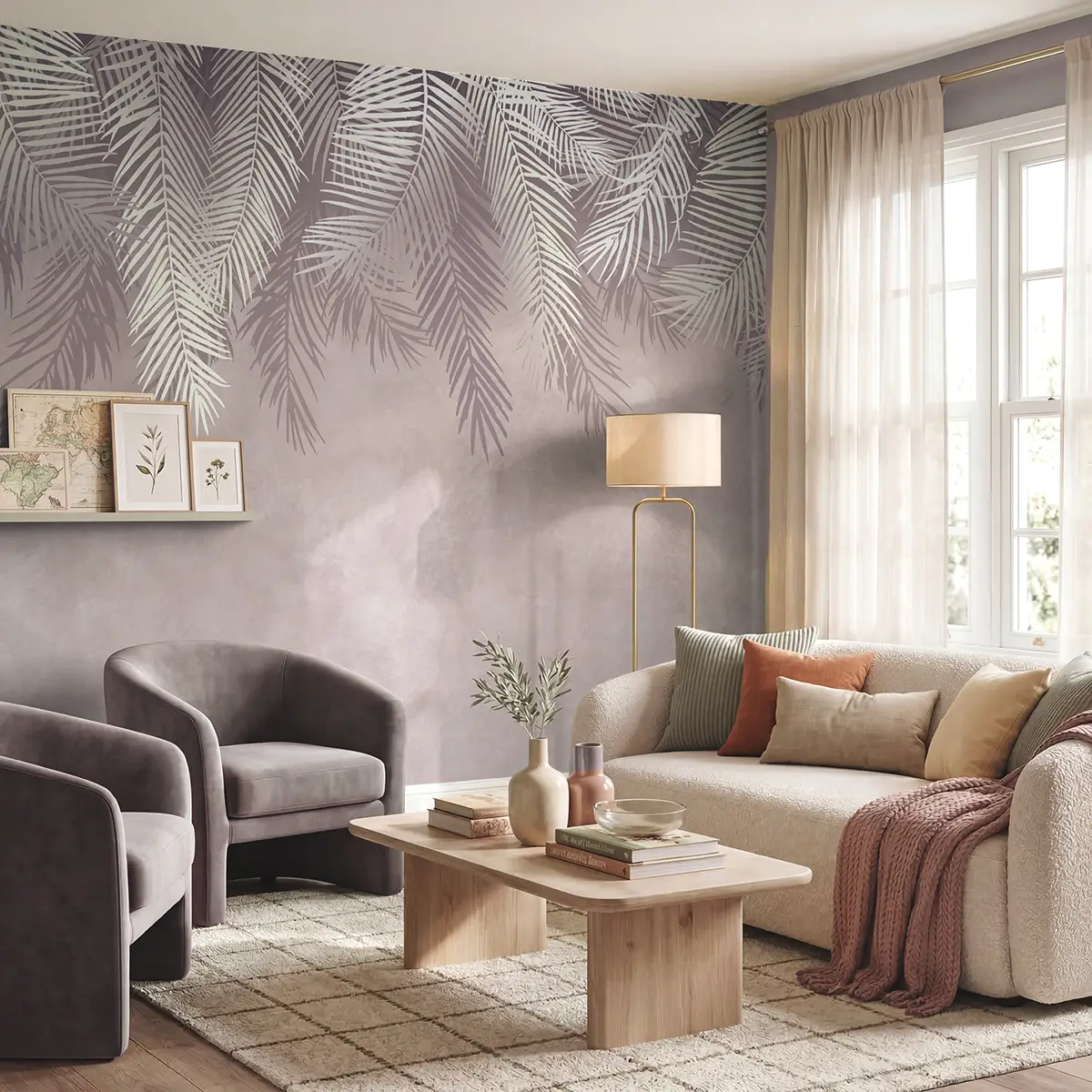 Lilac hanging tropical leaves wallpaper in a contemporary living room