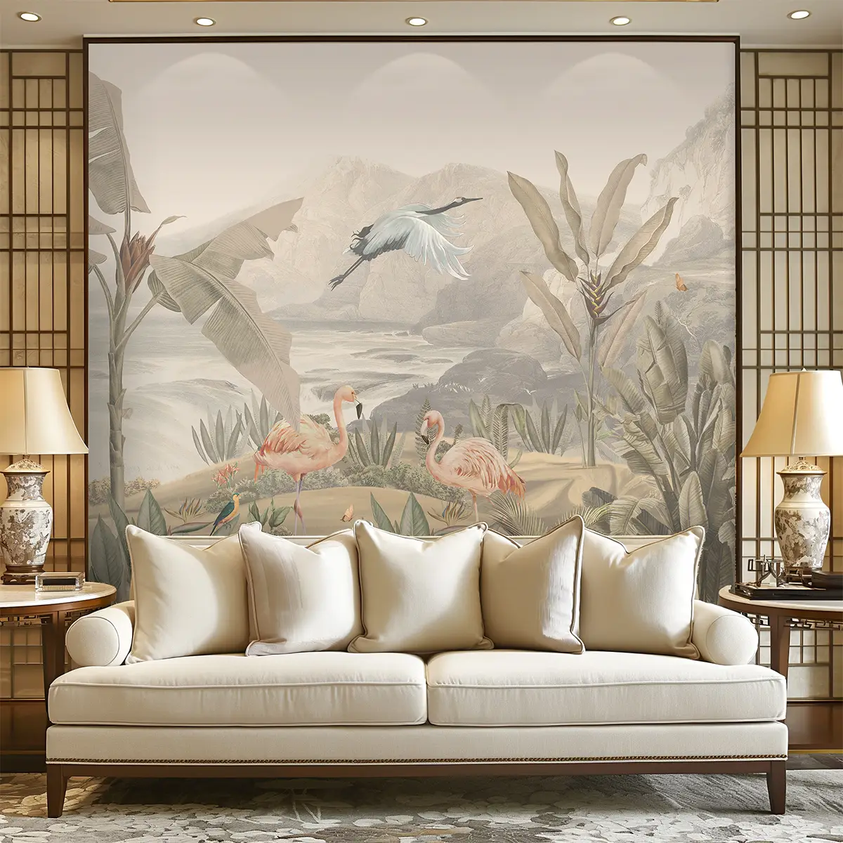 Vintage tropical nature wallpaper with flamingos and a crane behind a sofa