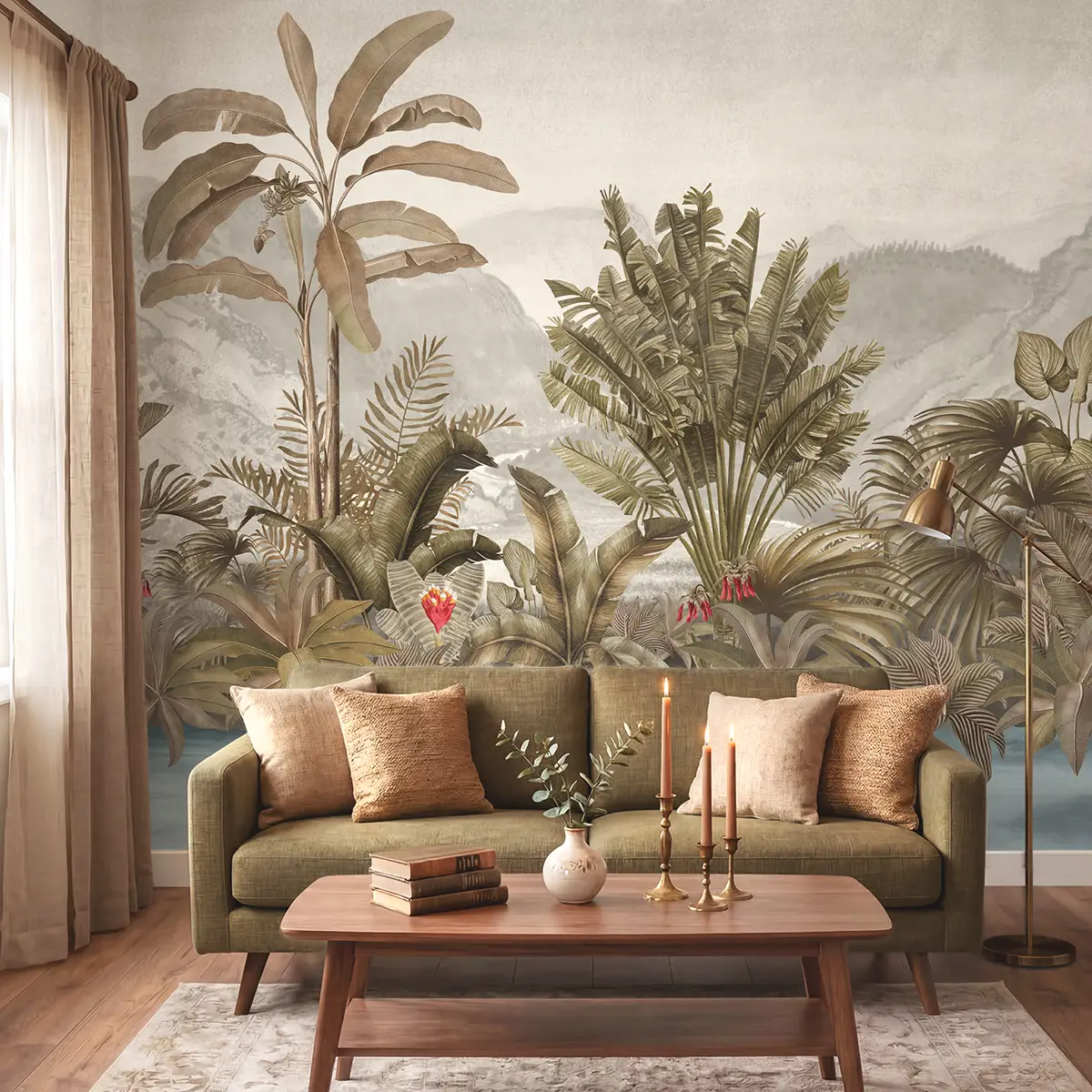 Vintage tropical foliage wallpaper on a living-room feature wall